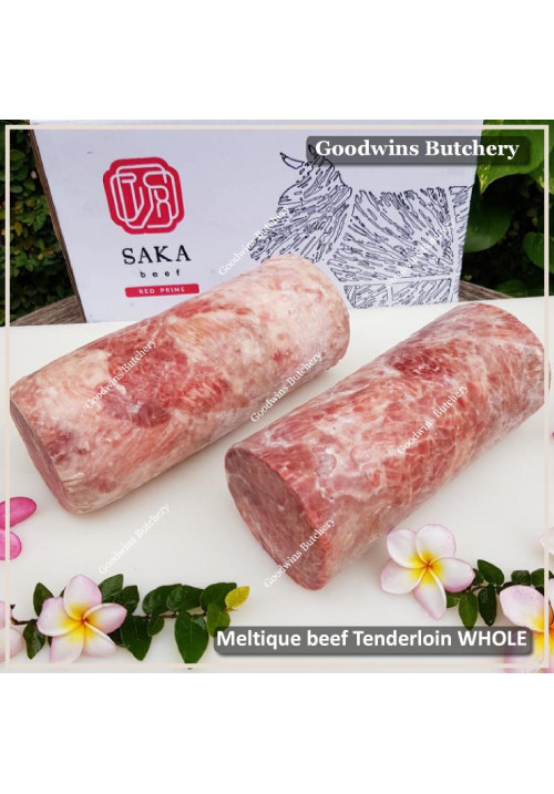 Beef Tenderloin frozen wagyu-alike MELTIQUE Australia SAKA daging meltik diameter +/- 4" whole cuts +/- 3kg price/kg (eye fillet mignon daging sapi has dalam)